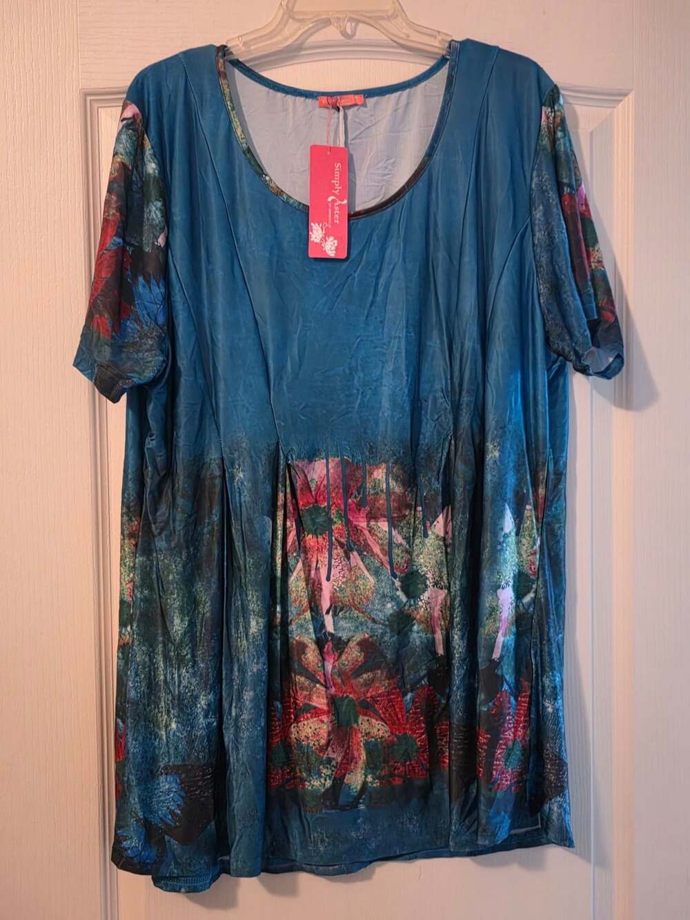 NWT Simply Aster Tunic Length Top Dress Sz 4X Blue Floral Short Sleeve